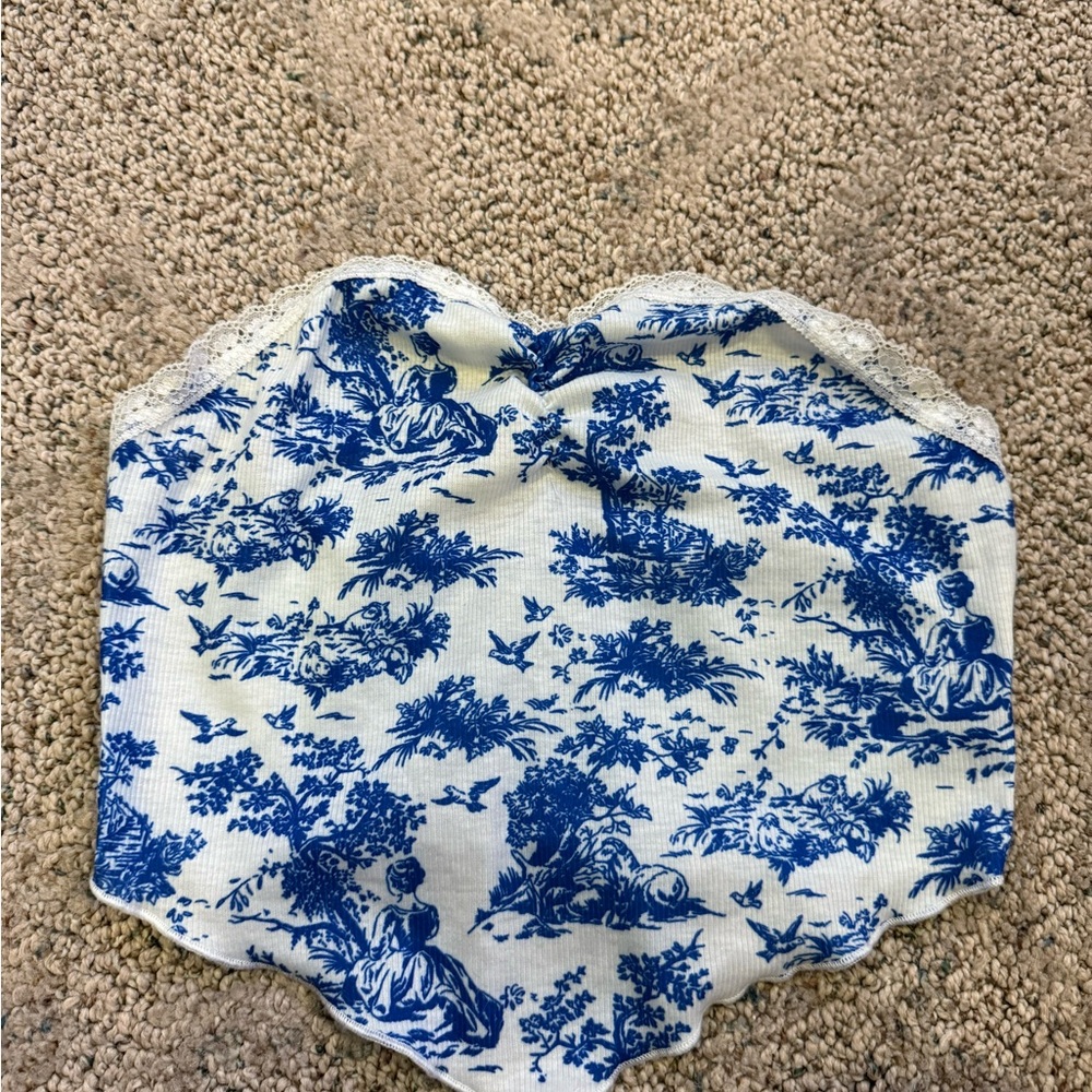 Blue and White Toile Print Tube Top